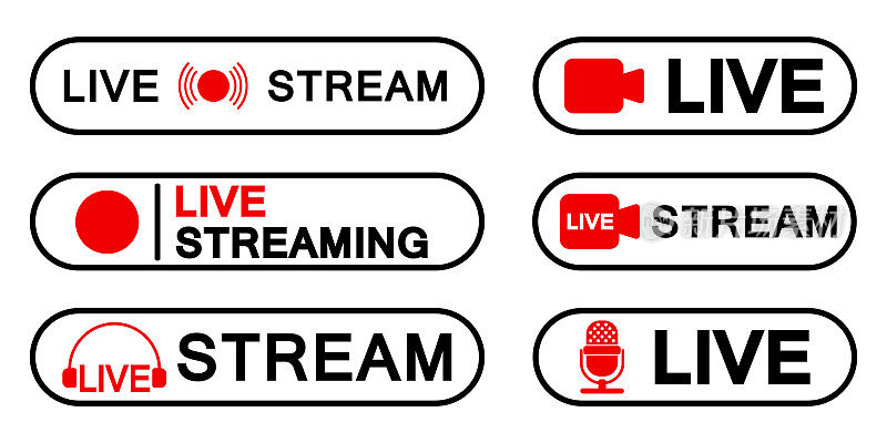 Set of live streaming icons, red symbols and buttons of live streaming, broadcasting, online stream, third template for tv, shows, movies and live performances vector illustration